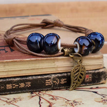 Braided Bronze Leaf Beads Features Ceramic Vintage Pendant Bracelet Jewelry EF8