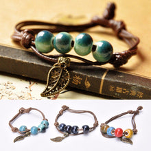 Braided Bronze Leaf Beads Features Ceramic Vintage Pendant Bracelet Jewelry EF8