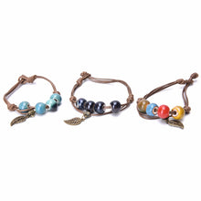 Braided Bronze Leaf Beads Features Ceramic Vintage Pendant Bracelet Jewelry EF8
