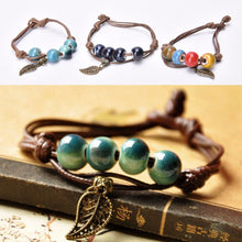 Braided Bronze Leaf Beads Features Ceramic Vintage Pendant Bracelet Jewelry EF8