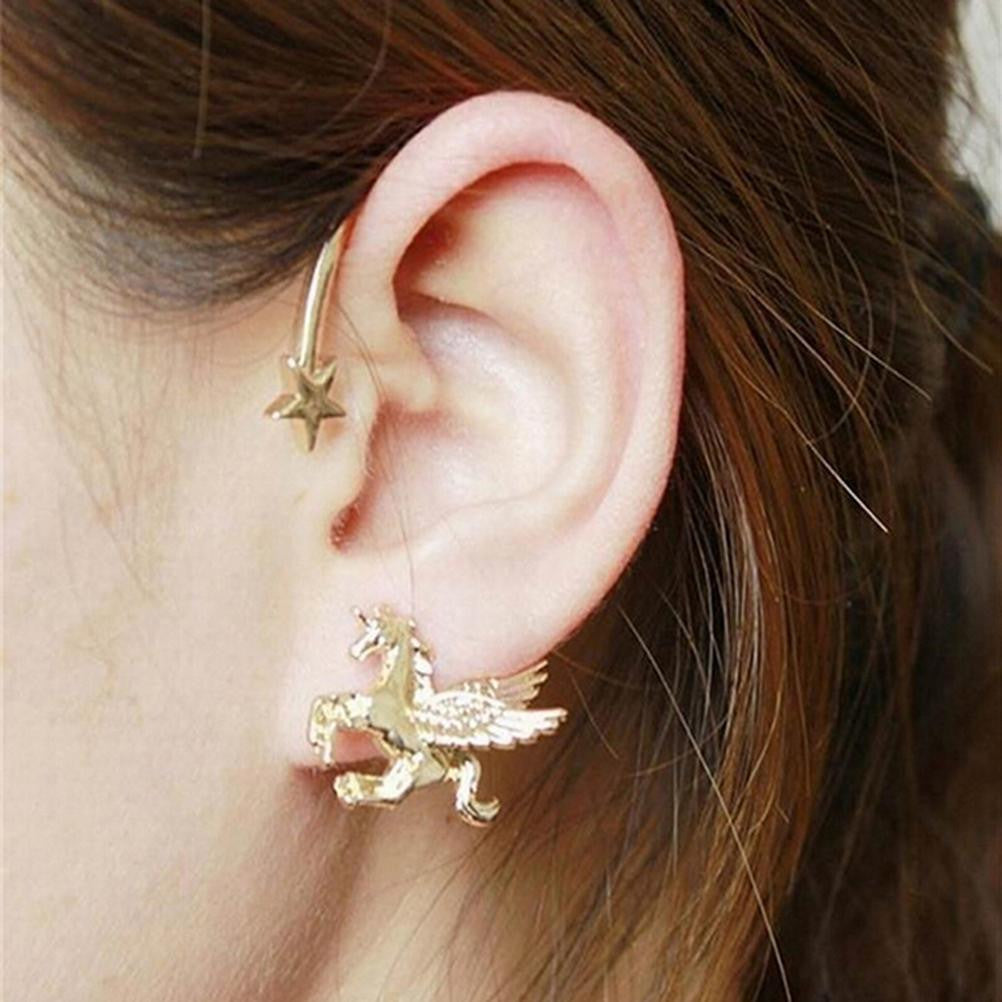Punk Rock Stereoscopic Running Horse Unicorn Star Lady Clip Earring for left ear EF8