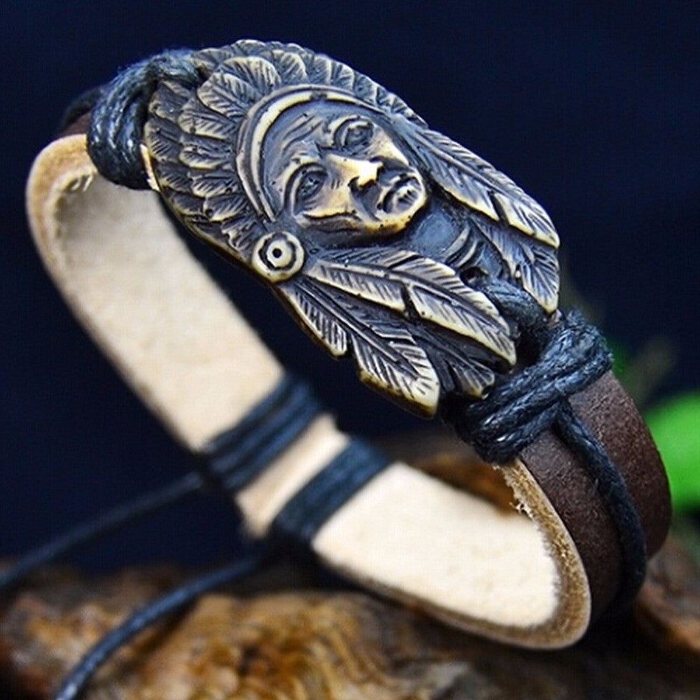 Jewelry Men Women Bone Vintage Indian Face Leather Bracelets   Bangles EF8