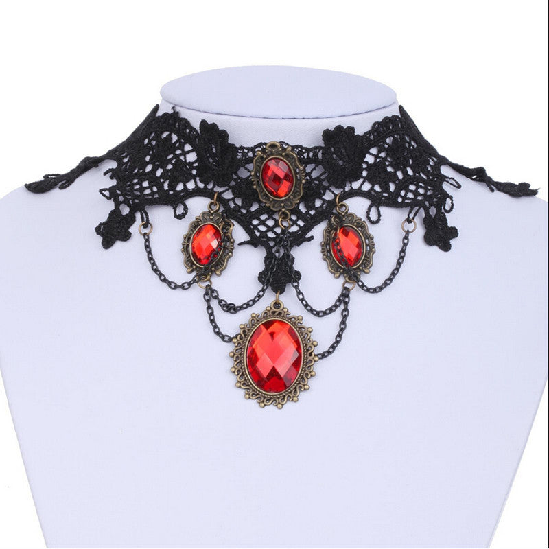 Ornate H made Retro Short Black Lace Flower Collar Red Crystal Chain Pendant Choker Necklace Prom Jewelry HOT EF8