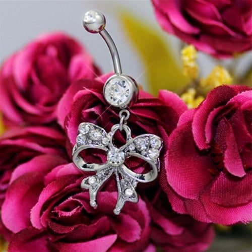Piercing Navel Body Jewelry Surgical Steel Bowknot Design Rhinestone Belly Button Barbell Navel Ring Bar EF8