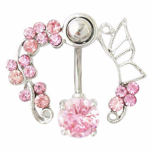 Pink Butterfly Crystal Flower Belly Ring Navel Studs Body Piercing Jewelry EF8
