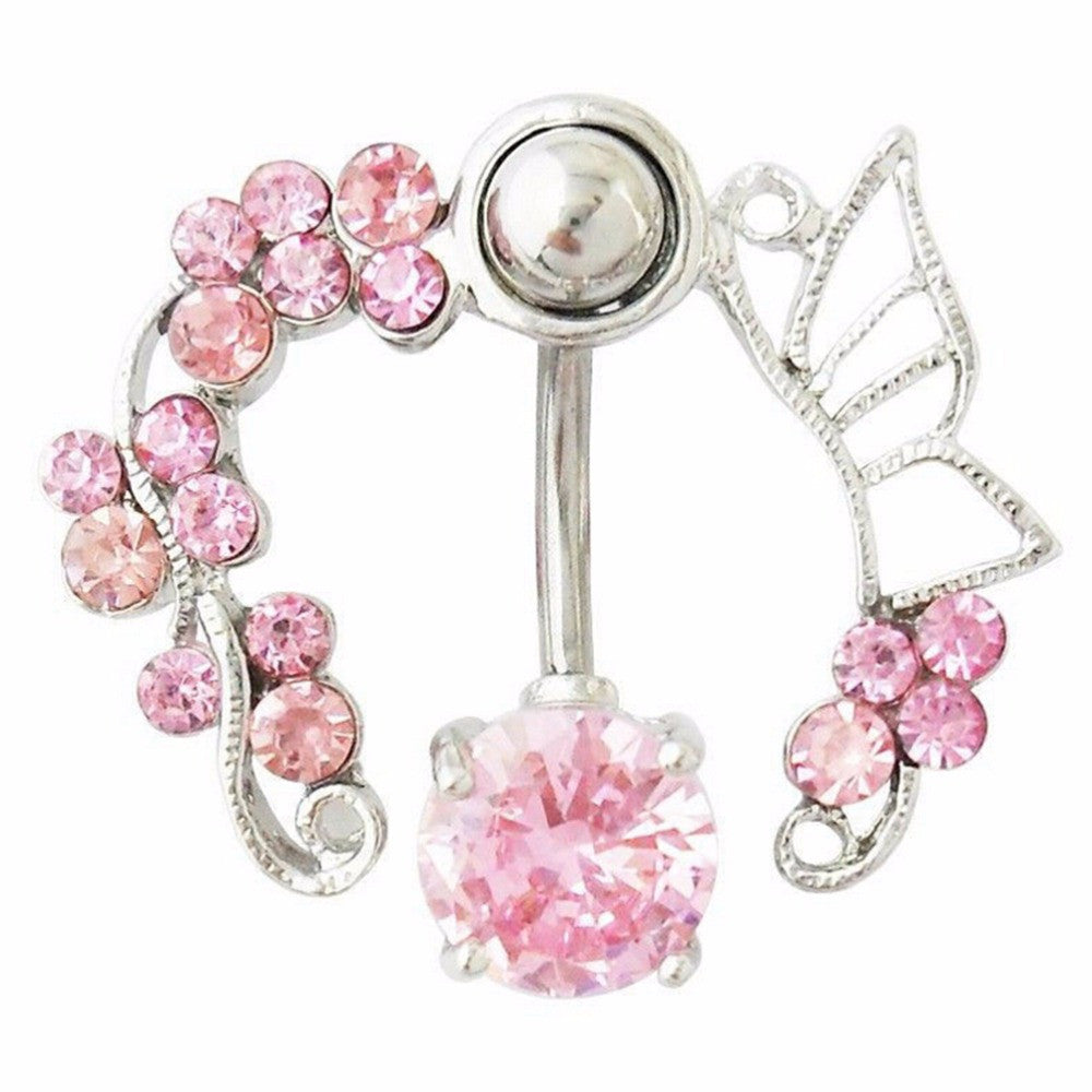 Pink Butterfly Crystal Flower Belly Ring Navel Studs Body Piercing Jewelry EF8