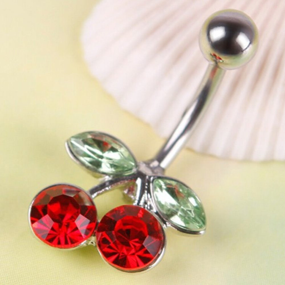 Rhinestone Red Cherry Navel Belly Button Barbell Ring Body Piercing EF8