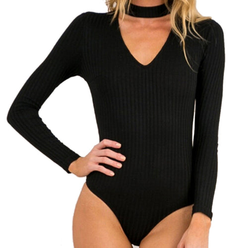 s 5 Colors Women Sexy High Neck V Long Sleeve Shoulder Ribbed Bodysuits Playsuits Rompers Jumpsuits  EF8