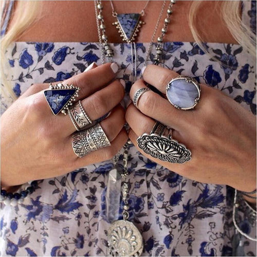 s Vintage Turkish Beach Punk Zircon Ring Ethnic Carved Totem Antique Silver Plated Boho Finger Ring Knuckle Charm Anelli EF8
