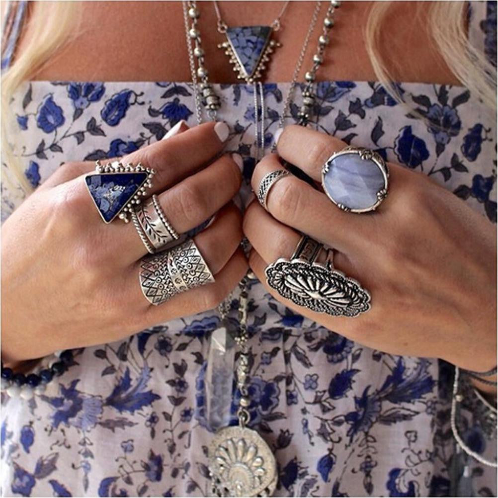 s Vintage Turkish Beach Punk Zircon Ring Ethnic Carved Totem Antique Silver Plated Boho Finger Ring Knuckle Charm Anelli EF8