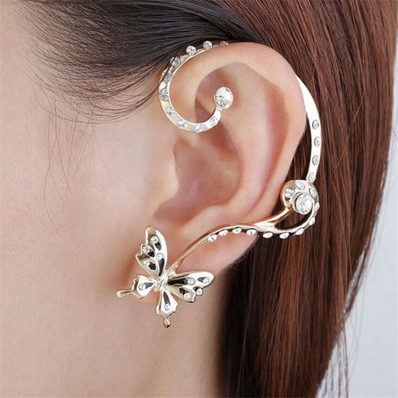 Crystal Rhinestone Butterfly Cuff Ear Clip On Earrings Wrap Women Jewelry Gift EF8