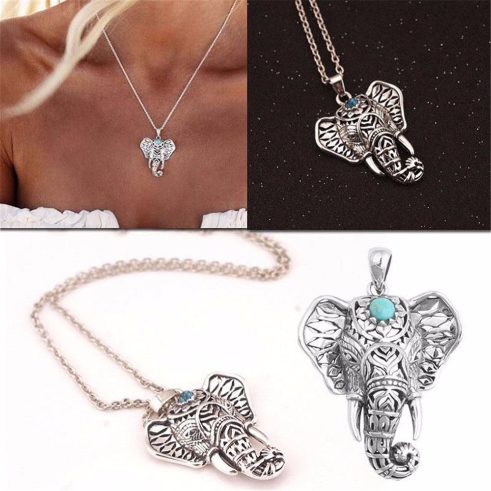 Boho Antique Necklaces Women Charm Vintage Pendants Ethnic Turquoise Elephant Choker Necklace Chain  EF8