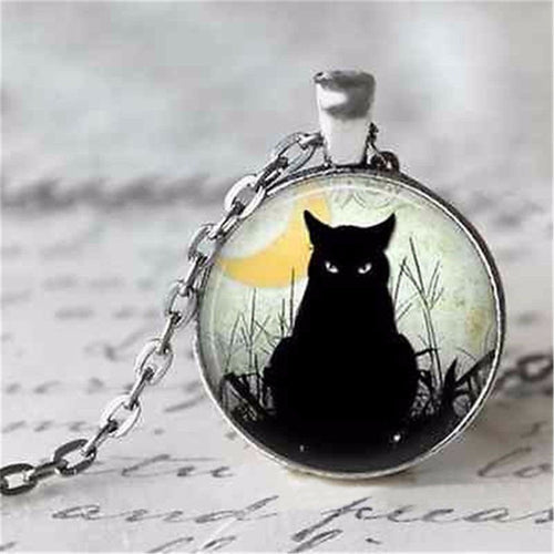 Cat Pendant Necklace Glass Cabochon Silver Bronze Chain Necklace Tradition Black Cat Picture Vintage Necklace For Women EF8