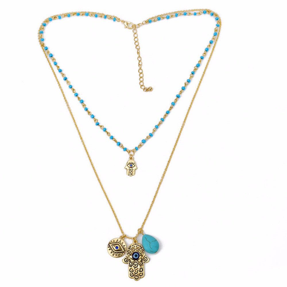 Charms Blue Evil Eye Hamsa H  Necklace Vintage Bead Turquoise Necklaces Pendants Women Fine Jewelry EF8