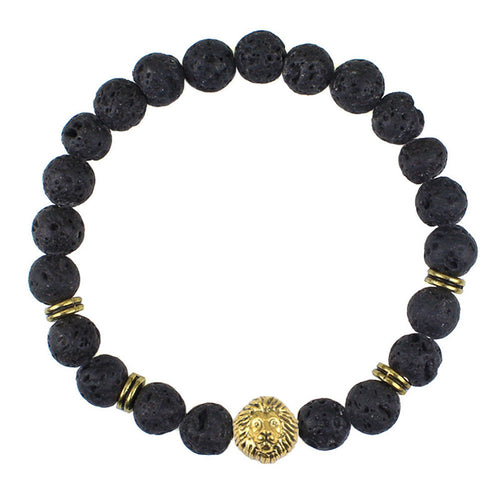 Black Beads Str  Bracelet Lava Rock Stone Animal Lion Leopard Tiger Head Bracelet Men's Bracelet Retro Vintage EF8