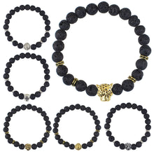 Black Beads Str  Bracelet Lava Rock Stone Animal Lion Leopard Tiger Head Bracelet Men's Bracelet Retro Vintage EF8