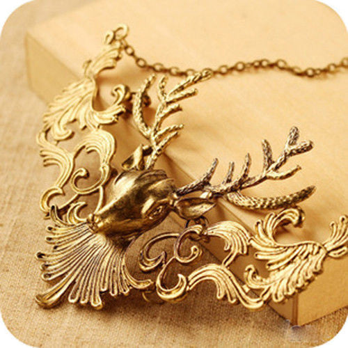 2 Colors s  Horn Collar Necklace Vintage Animal Deer Head Pendant Chain Necklaces Gifts EF8