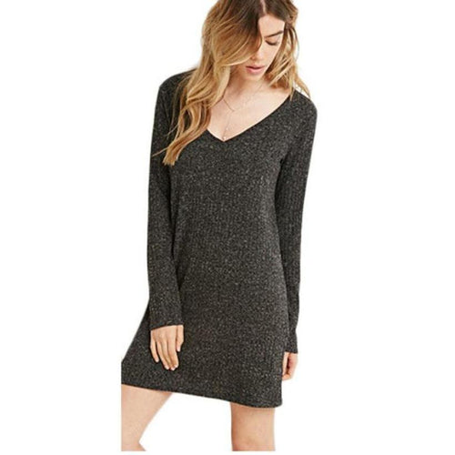 Fashion European Women Dress Long Sleeve V-Neck Jumper Slim Knit Dress Plus Size EF8