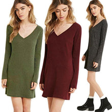 Fashion European Women Dress Long Sleeve V-Neck Jumper Slim Knit Dress Plus Size EF8