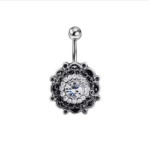 Black Crystal Flower Belly Button Navel Ring Bar Body Piercing Belly Button Rings Dangle EF8