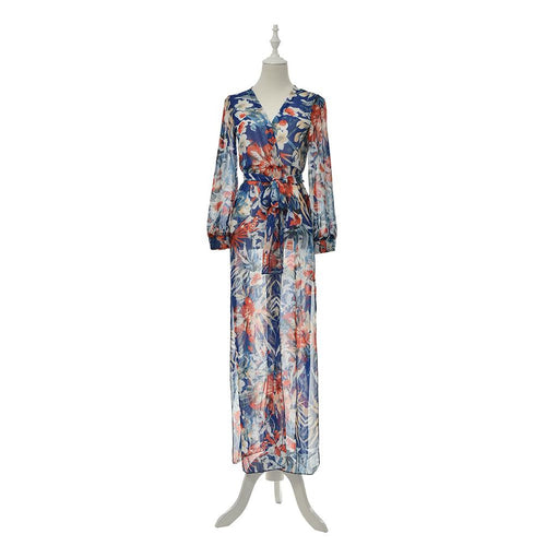 Bohemian Style Chiffon Beach Party High Split Dresses Maxi Long Sexy Women Deep V-Neck Floral Dress EF8