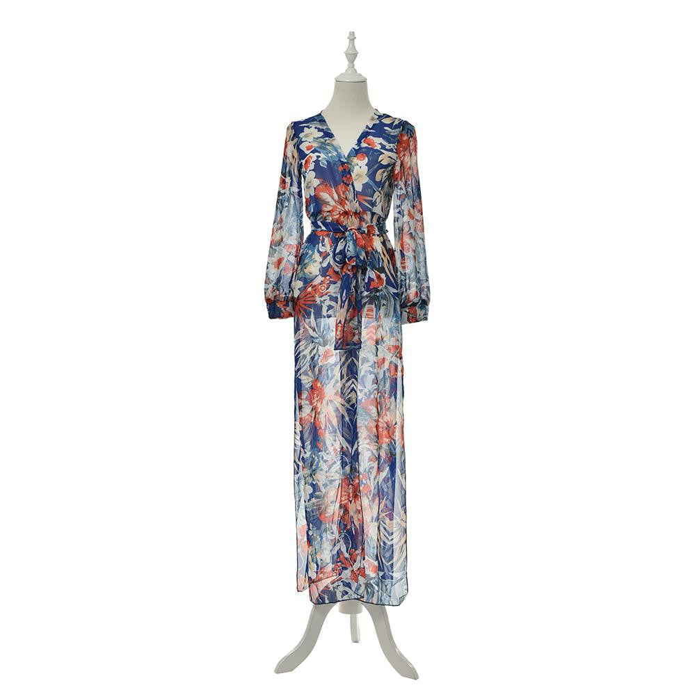 Bohemian Style Chiffon Beach Party High Split Dresses Maxi Long Sexy Women Deep V-Neck Floral Dress EF8
