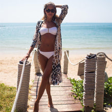 Fashion Women Blouse Beach Boho Kimono Cardigan Leopard Boho Printed 3/4 Sleeve Casual Loose Long Beach Coat Tops EF8