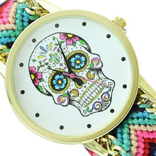 Fashion Women Wristwatch Weaved Fabric Rope Band Bracelet Skull Pattern Quartz Analog Women Dress Relogio Ladies Clock EF8