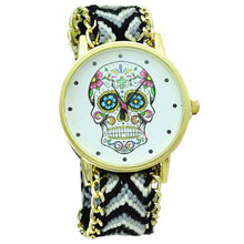 Fashion Women Wristwatch Weaved Fabric Rope Band Bracelet Skull Pattern Quartz Analog Women Dress Relogio Ladies Clock EF8