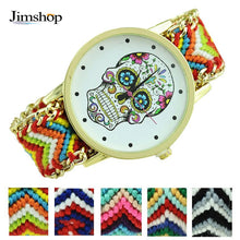 Fashion Women Wristwatch Weaved Fabric Rope Band Bracelet Skull Pattern Quartz Analog Women Dress Relogio Ladies Clock EF8