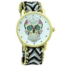 Fashion Women Wristwatch Weaved Fabric Rope Band Bracelet Skull Pattern Quartz Analog Women Dress Relogio Ladies Clock EF8