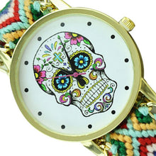 Fashion Women Wristwatch Weaved Fabric Rope Band Bracelet Skull Pattern Quartz Analog Women Dress Relogio Ladies Clock EF8