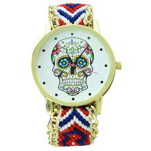 Fashion Women Wristwatch Weaved Fabric Rope Band Bracelet Skull Pattern Quartz Analog Women Dress Relogio Ladies Clock EF8
