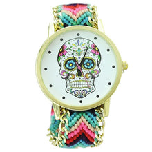 Fashion Women Wristwatch Weaved Fabric Rope Band Bracelet Skull Pattern Quartz Analog Women Dress Relogio Ladies Clock EF8