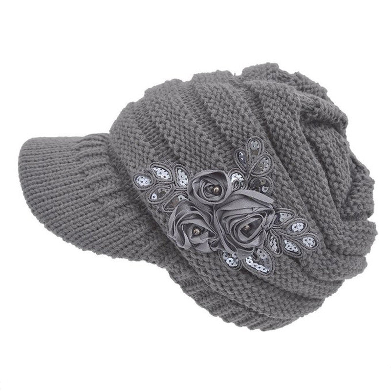 Fashion Ctue Women's Cable Knit Visor Hat With Flower Accent Tops Hats ing EF8