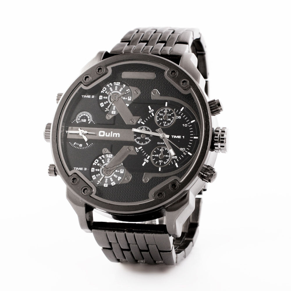 Luxury Dual Time Large Dial Stainless steel Quartz Wrist Watch EF8