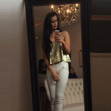 Fashion Women Sexy Gold Sequins VSleeveless Condole belt Crop Tank Tops Party Club Clothes T-Shirt Plus Size EF8