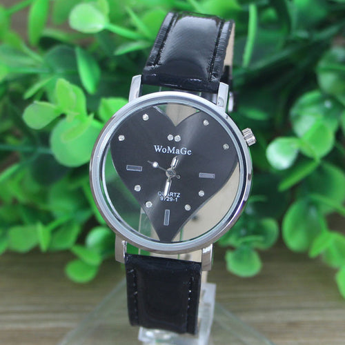PU Leather Transparent Dial Hollow Heart Analog Quartz Wrist Watch EF8
