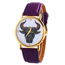 Colorful Women Men Retro Tau bull Print Faux Leather Band Quartz Watches Men EF8
