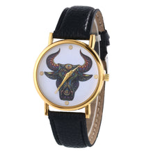 Colorful Women Men Retro Tau bull Print Faux Leather Band Quartz Watches Men EF8