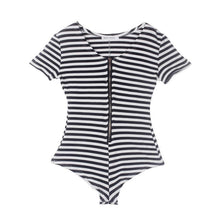 Fashion Women Sexy Jumpsuit Deep V Neck Striped Zip Up Bodysuit Tights Bodycon Rompers Short Jumpsuit Playsuit EF8