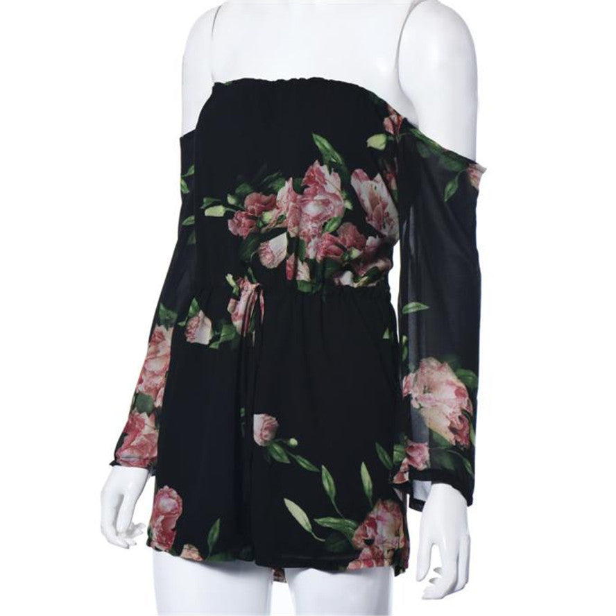 Sexy Floral Printed Off-Shoulder Long Sleeved Chiffon Jumpsuit Women Crop Top Playsuit Party Rompers Womens Jumpsuit EF8