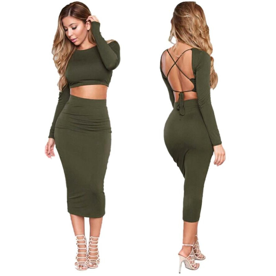 Sexy Two Pieces Set Elegant Women Dress Backless Bandage Bodycon Dress Solid Backless Rompers EF8