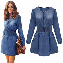 Fashion Women Long Sleeve Vestidos Jeans Denim Slim Casual Dress Plus Size Bowknot Belt EF8