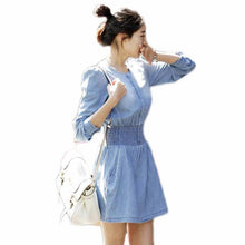 Fashion Women Long Sleeve Vestidos Jeans Denim Slim Casual Dress Plus Size Bowknot Belt EF8