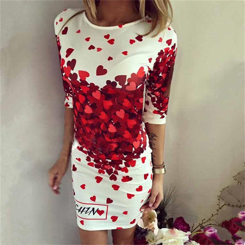 Fashion Dress Women Casual Heart Lovely Printing Dresses elegant Short Sleeve Round Neck Vestidos De Festa Dress EF8