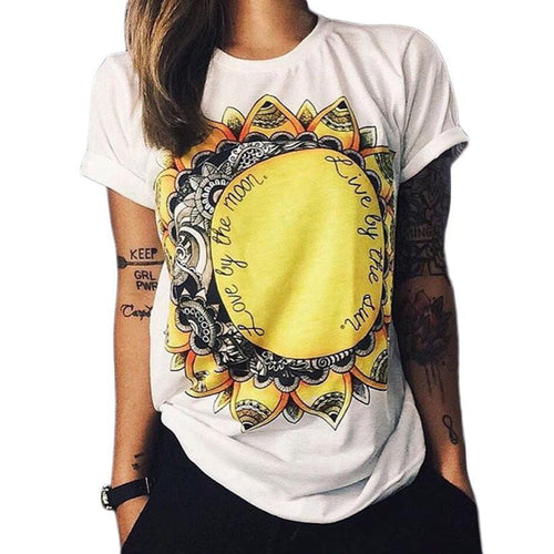 Fashion Women Casual T-shirt Sunflower Letter Printed Short Sleeve TopsWhite Tees roupas femininas EF8