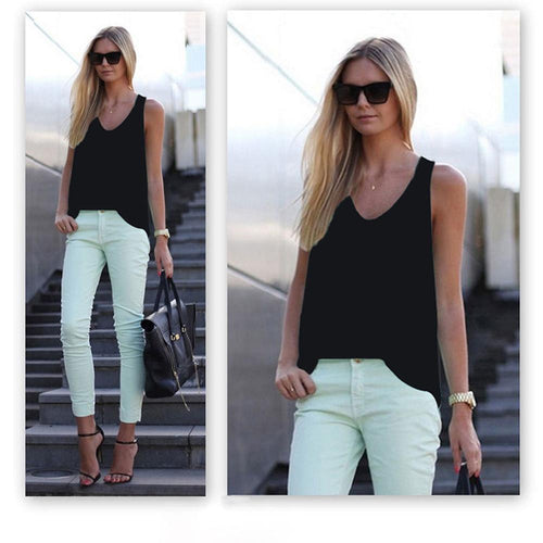 moda feminina V-Neck Sleeveless Chiffon Blouse Women Girls Shirt Tops Casual Plus Size Blusas C y Colors EF8