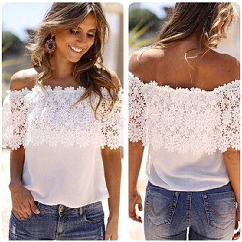 Sexy Women Off Shoulder Casual Tops Blouse Lace Crochet Chiffon Shirtwoman clothes plus size vestidos EF8