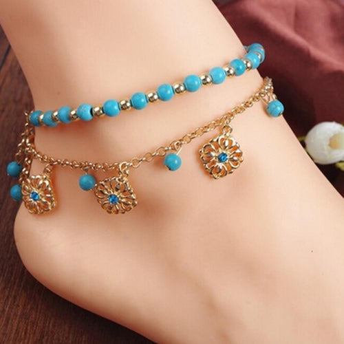 2Pcs Punk Boho Turquoise Beads Anklets Gold Plated Tassels Bracelet Womens Foot Chain Anklet Bracelet Foot Jewelry for women EF8